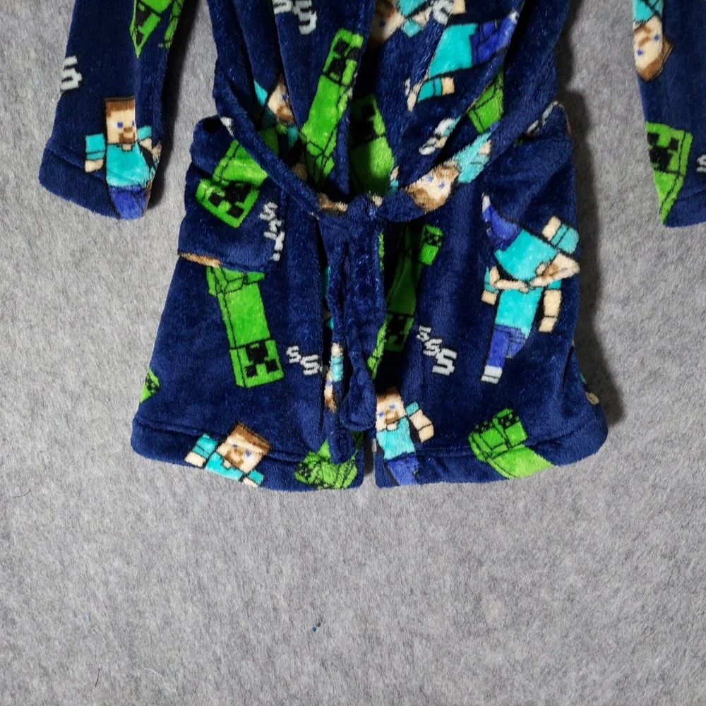 Minecraft Boys Robe S 6/7 Blue Creeper Steve Fleece Plush Belted Pockets